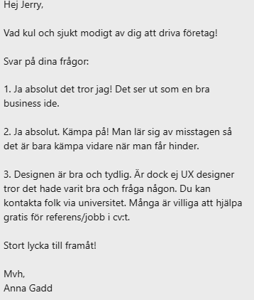 Skärmbild av meddelandet från Anna Gadd på LinkedIn
